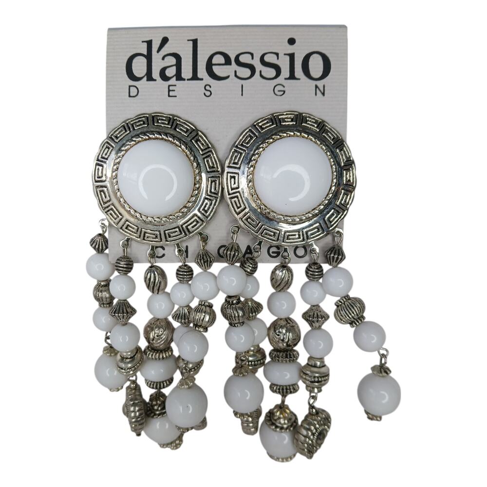 D’Alessio Design White & Silver Clip-On Statement Earrings – NOS